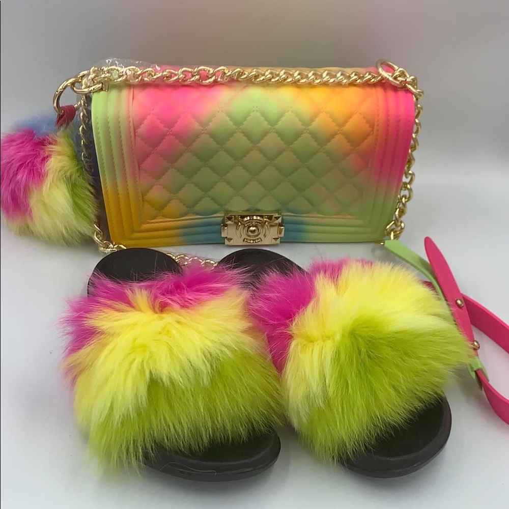 Jelly Bag/ Fur Slides Set